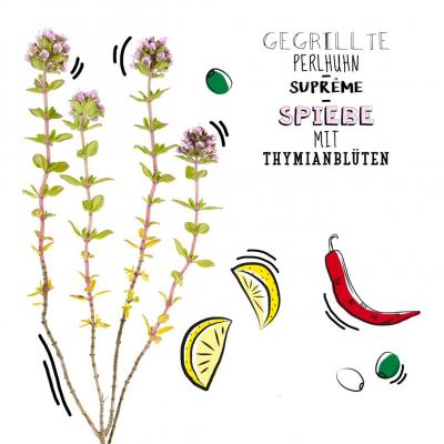 Gegrillte Perlhuhn-Suprême-Spieße mit Thymianblüten